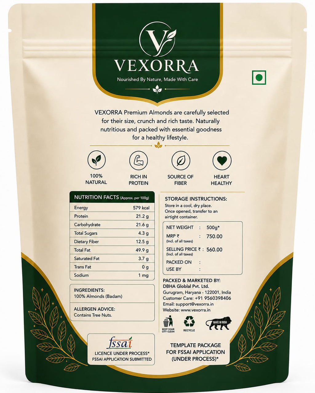 VEXORRA Premium Almonds 500g