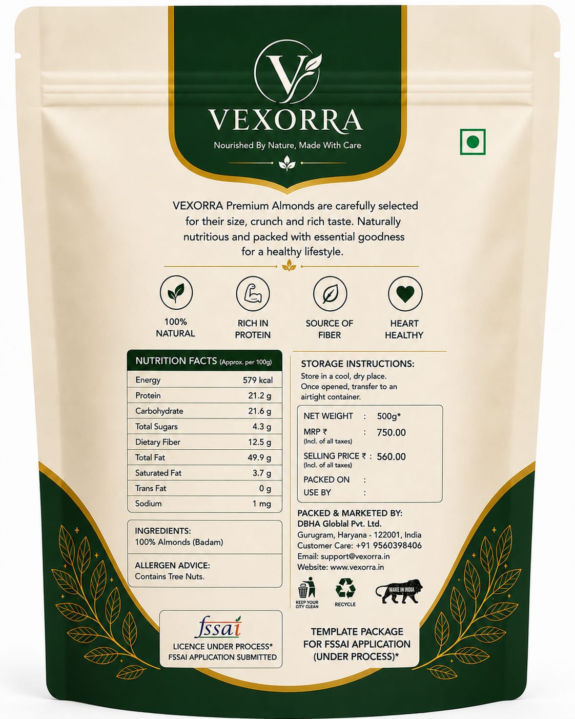 VEXORRA Premium Almonds 500g