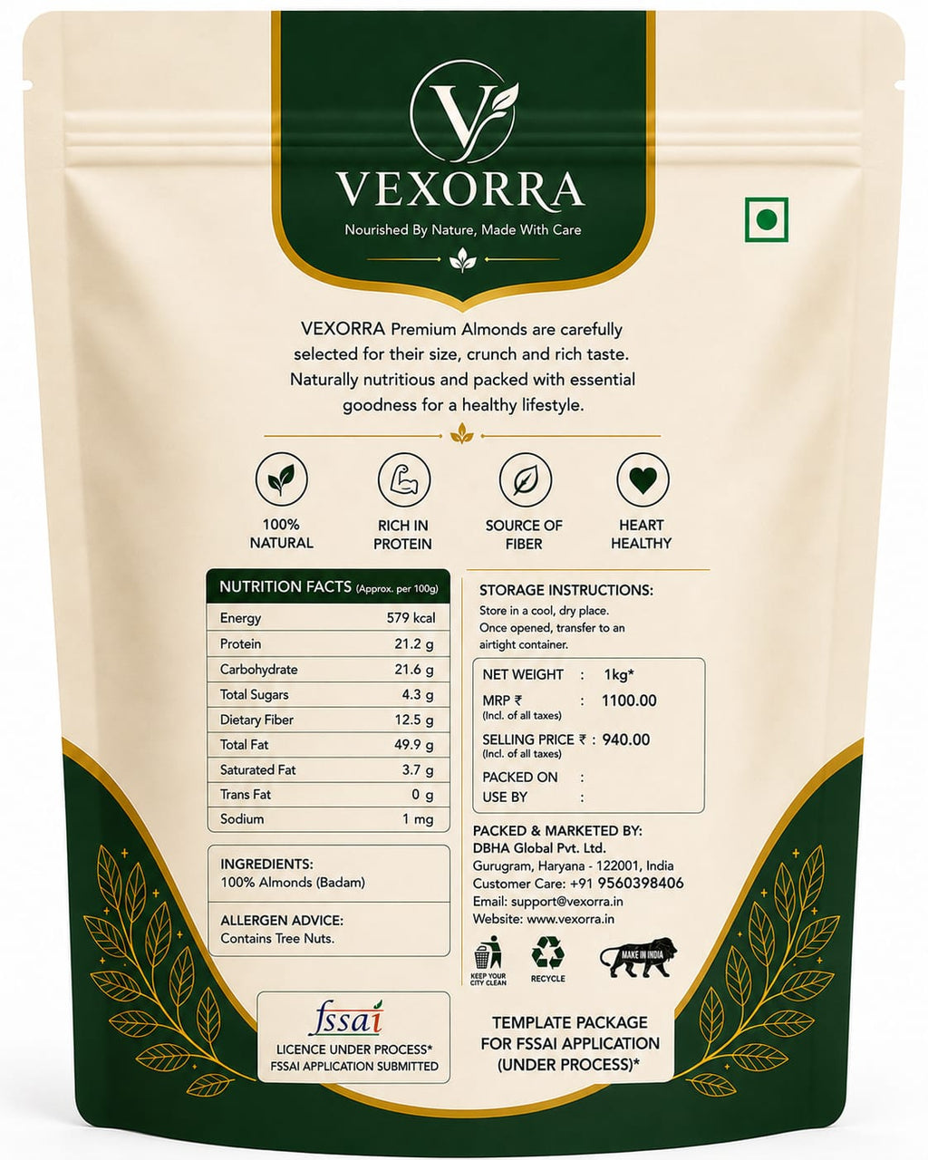 VEXORRA Premium Almonds 1kg