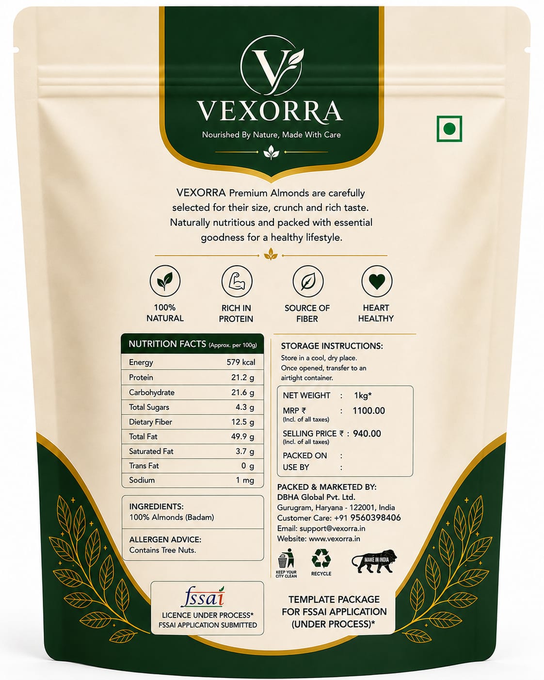 VEXORRA Premium Almonds 1kg