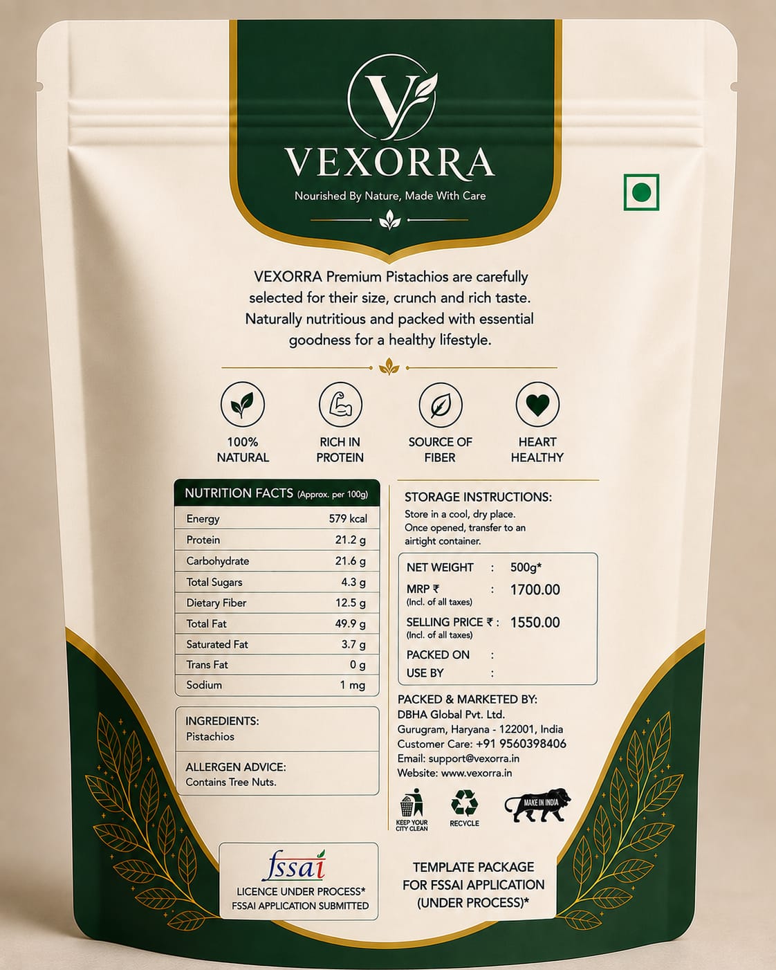 VEXORRA Premium Pistachios 500g