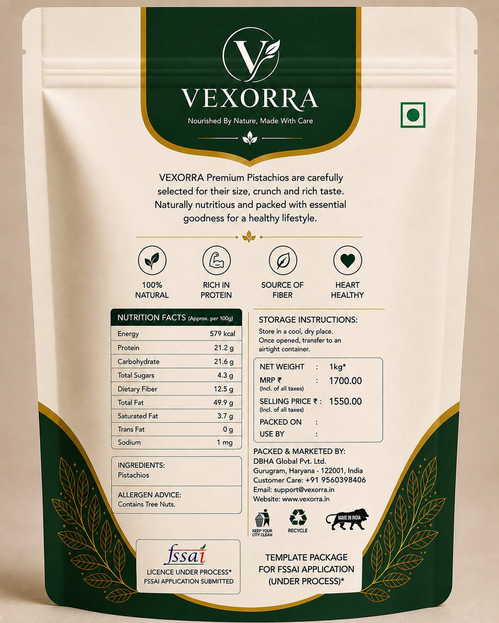 VEXORRA Premium Pistachios 1kg